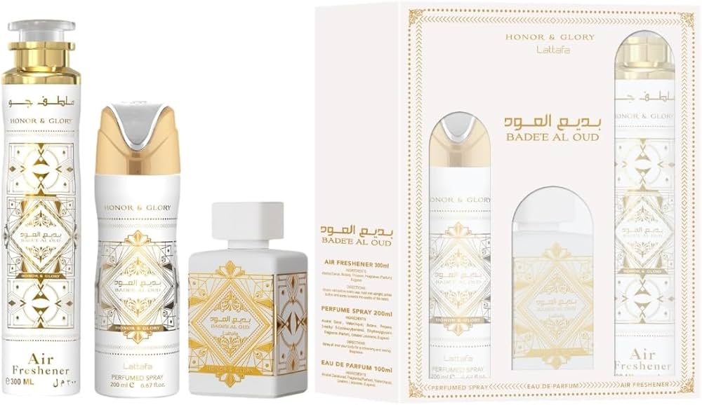 Lattafa Bade'e Al Oud Honor &amp; Glory For Unisex 3-Piece Gift Set (3.4 fl oz EDP + 6.67 fl oz Deodorant + 10.14 fl oz Air Freshener)